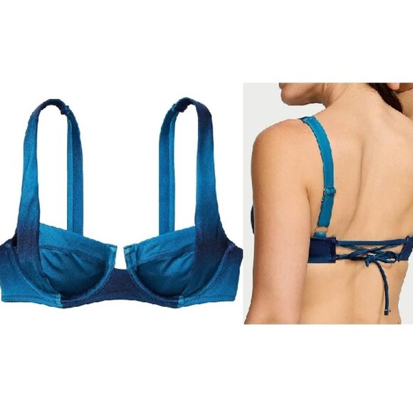 44C Victoria’s Secret Swim Lace Up Strappy Bikini Top Blue Ombre Underwire NWT - Picture 1 of 8